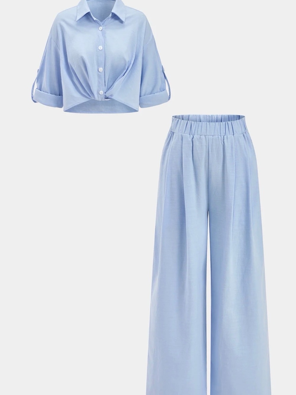 Commense Light Blue Wide-Leg Pants with Cropped Button Shirt Set